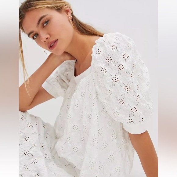 Anthropologie Maeve Eyelet Mini Dress Sz XS White Puff Short Sleeve Flowy Boho - Picture 2 of 15